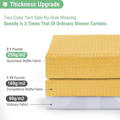 Long Waffle Shower Curtain 256 GSM Heavy Fabric 72x78 Gold | 78 Inch Long, Thick Cloth, Weighted Hem, Water Repellent, Tall Hotel Luxury Polyester Shower Curtains for Bathroom 12 Hooks