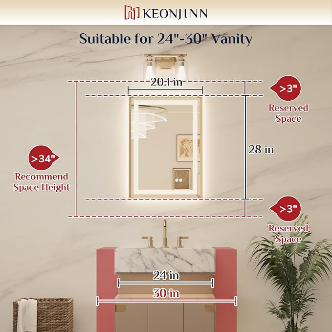 Keonjinn 20x28 Inch Gold LED Bathroom Mirror with Lights, Beveled Edge | Frontlit & Backlit, Lighted Bathroom Mirror, HD Tempered Glass, 3 Color Temperatures, Anti-fog, Stepless Dimmable
