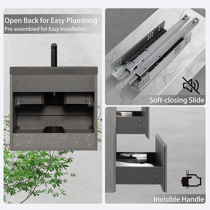 24 Inch Floating Bathroom Vanity with Sink, Modern Grey Wall Mounted Floating Vanity with Scratch-Resistant Quartz Sand Basin and Soft Closing Drawers, Pre Assembled Bathroom Vanity