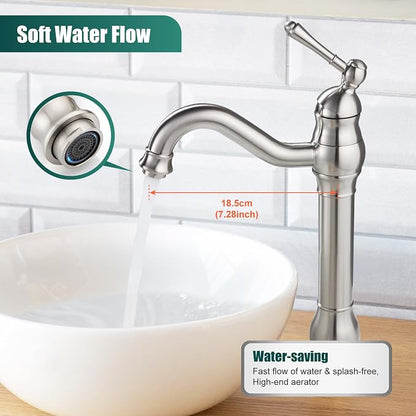 Heyalan Tall Vessel Sink Faucet, Single Handle 1-Hole,Brushed Nickel | SUS304 stainless steel, 360° swivel spout, includes pop-up drain & hoses, deck mount 1-hole, tall design for vessel sink