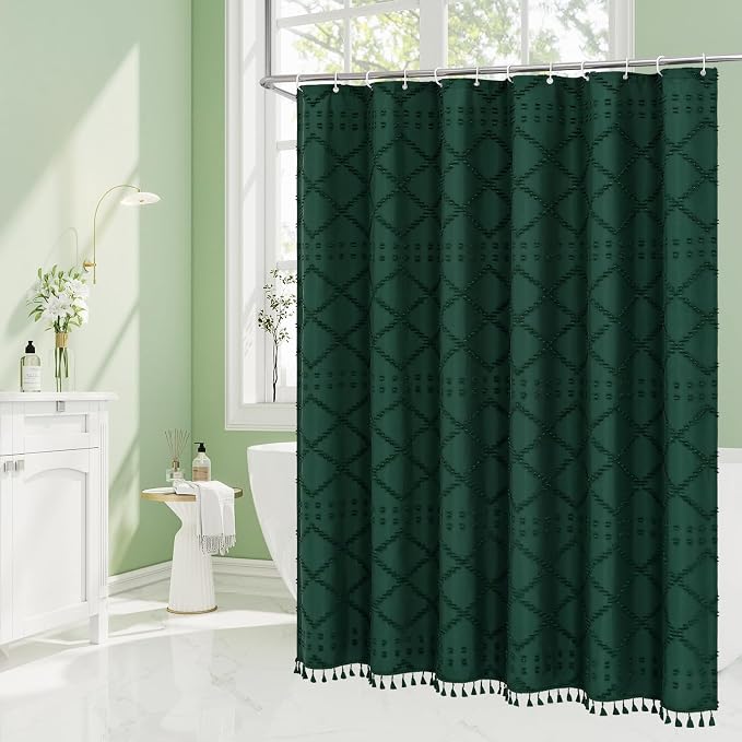 Dark Green Boho Fabric Shower Curtain with Tassel 72x72, Tufted Textured | Modern Farmhouse Curtain for Bathroom, Standard Bathroom Curtain, Minimalist Decor, Waterproof
