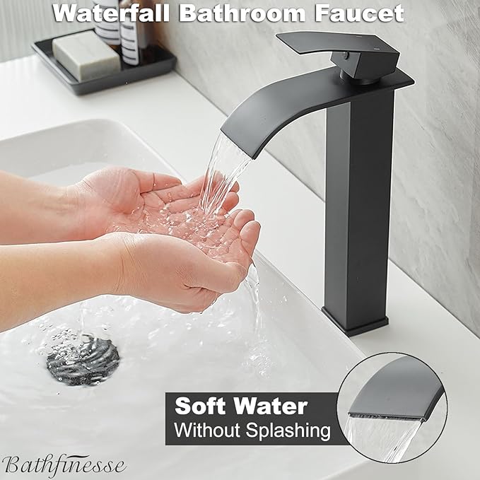 Vessel Sink Faucet Black Waterfall Bathroom Faucet with Drain Assembly | Stainless Steel,Single Handle One Hole,Deck Mount,Modern Bowl Sink Faucet,with 3/8" Supply Hose,Lead-Free by Bathfinesse