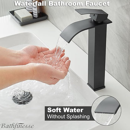 Vessel Sink Faucet Black Waterfall Bathroom Faucet with Drain Assembly | Stainless Steel,Single Handle One Hole,Deck Mount,Modern Bowl Sink Faucet,with 3/8" Supply Hose,Lead-Free by Bathfinesse