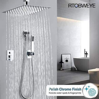 12 Inch Ceiling Mount Shower Faucet Set, Silver Rainfall Shower System with Valve Trim, Square Rain Shower Spray Combo Luxury Shower Fixtures Polish Chrome Shower Head and Handle Set