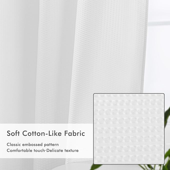 No Hook Long Shower Curtain with Snap-in Liner 71x80, White | Embossed Waffle-Look Textured, Sheer Window Hotel Style, Soft & Washable, 71 x 80 long Fabric Shower Curtain for Bathroom