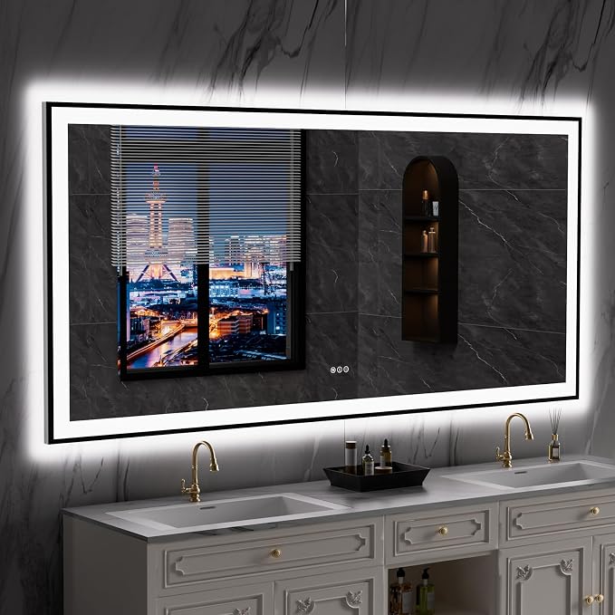 LOAAO 84"X32" LED Bathroom Mirror Black Framed | Anti-Fog, Dimmable, Memory Function, Tempered Glass, Lighted Vanity Mirror for Wall