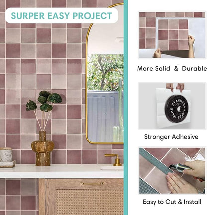 Commomy Thicker Pink Peel and Stick Tiles 10 pcs of 12" x 12" | 3D Adhesive Square Peel and Stick Tiles Backsplash for Kitchen, Bathroom,Waterproof, Vinyl Wall Tile(Cover 10 Sq.ft)