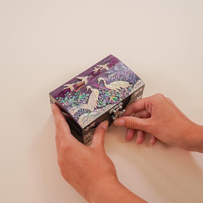 February Mountain Mother of Pearl Small Jewelry Ring Box - Gifts for best friends women, Thank you gifts, mom birthday gifts, Friendship Women Gifts Trinkets Keepsake Treasure box (Purple_Crane)