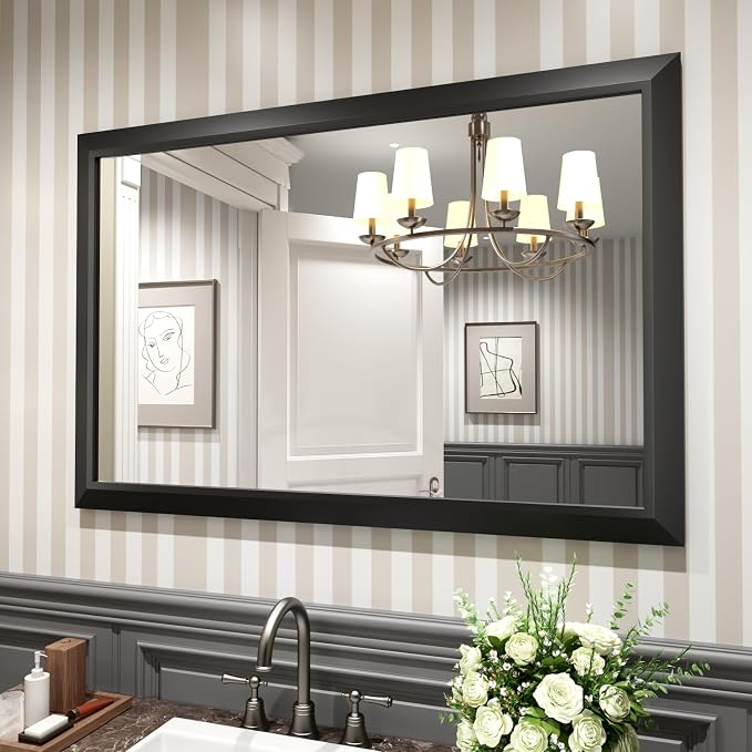 Black Bathroom Mirror, 48x32 Inch | Thick Metal Framed, HD Reflection, Anti-Rust, Hang Horizontally/Vertically, Suitable for Vanity, Bedroom, Bathroom, Entryway
