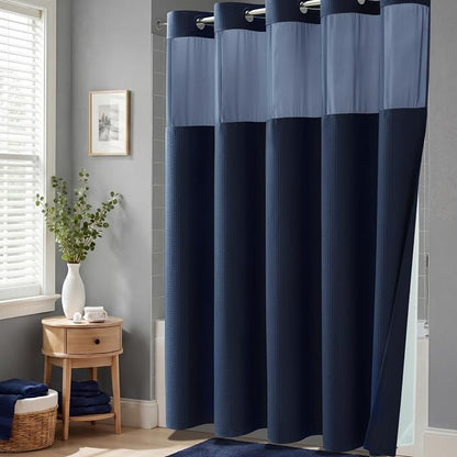 Navy Blue Hook Free Waffle Shower Curtain & Snap-in Liner,72x75 | Less Time to install, 3 in 1 Fabric Shower Curtain and Liner Set with Magnets, Mesh Top Window, Shower Curtains for Bathroom