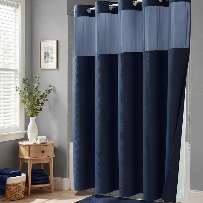 Navy Blue Hook Free Waffle Shower Curtain & Snap-in Liner,72x81 | Less Time to install, 3 in 1 Fabric Shower Curtain and Liner Set with Magnets, Long, Shower Curtains for Bathroom