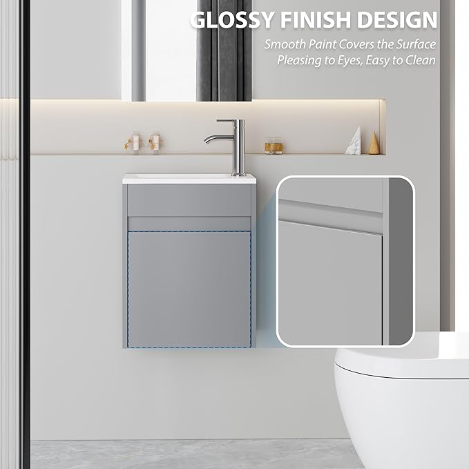 eclife 16" Small Bathroom Vanity Sink Combo, Modern Painted Wall Mounted Floating Cabinet W/Resin Basin Sink Top, Chrome Water Save Faucet & Pop Up Drain (B10G)