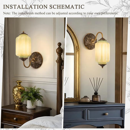 Vintage Gold Milk Glass Wall Sconce, Wall Light Set of Two - Vintage Green Shade & Brass Finish Base, Indoor Hardwired Wall Lighting Fixture for Foyers, Bedroom, etc (Bulbs Included)- Green