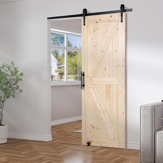 VEVOR 30in x 84in Sliding Barn Door with 5ft Barn Door Hardware Kit Included & Handle, Water-Proof Solid Wood, Easy Assembly, for Interior Rooms & Storage Closet, K-Frame, DIY, Stainable, Natural
