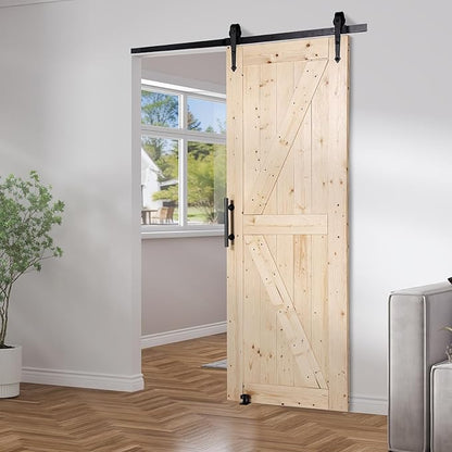 VEVOR 30in x 84in Sliding Barn Door with 5ft Barn Door Hardware Kit Included & Handle, Water-Proof Solid Wood, Easy Assembly, for Interior Rooms & Storage Closet, K-Frame, DIY, Stainable, Natural