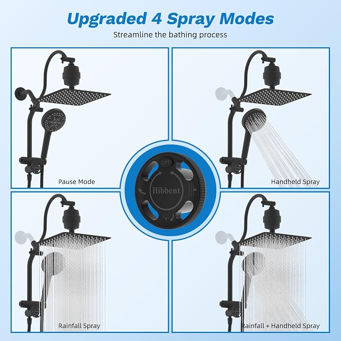 Hibbent 10" Dual Filtered 10" Rainfall Shower Head with Handheld 10-Spray | High Pressure Metal Oil-Rubbed Bronze Showerhead Combo with Filter, Extension Arm with 4-way Diverter, 71'' Hose & Holder