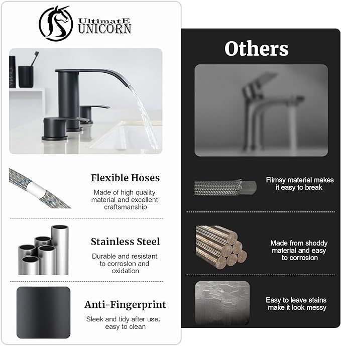 Ultimate Unicorn Black Bathroom Sink Faucet 3 Hole - 8 Inch Rv Vanity Lavatory Utility Faucets Centerset - 2 Handle Restroom Modern Matte Black Bathroom Faucet Widespread with Pop Up Drain