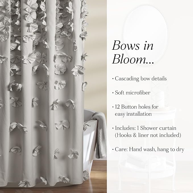 Lush Decor Riley Shower Curtain, 72" W x 72" L, Light Gray - Bathroom Curtain - Coquette Decor - Bow Shower Curtains - Cottage Core - Fabric Shower Curtains