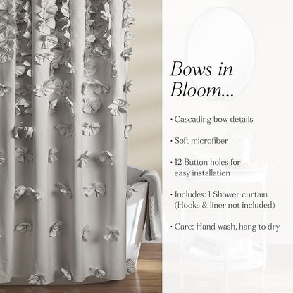 Lush Decor Riley Shower Curtain, 72" W x 72" L, Light Gray - Bathroom Curtain - Coquette Decor - Bow Shower Curtains - Cottage Core - Fabric Shower Curtains