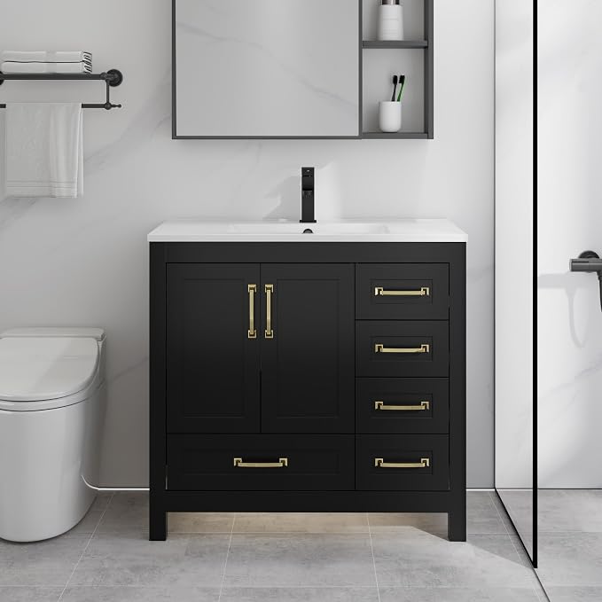 LUCKWIND 36" Bathroom Vanity and Sink Combos, Modern Bathroom Storage Cabinet with Ceramic Sink, Matte Black Faucet and 5 Drawers, Mirror is NOT Included, Black