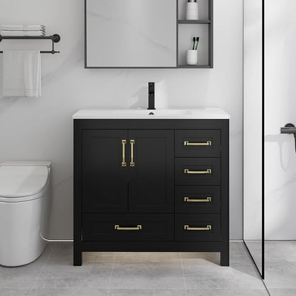 LUCKWIND 36" Bathroom Vanity and Sink Combos, Modern Bathroom Storage Cabinet with Ceramic Sink, Matte Black Faucet and 5 Drawers, Mirror is NOT Included, Black
