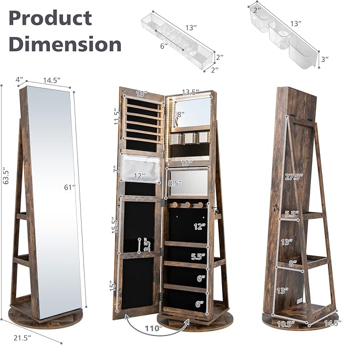 CHARMAID 360° Swivel Jewelry Armoire with Full Length Mirror, Rear Storage Shelves, Lockable Standing Jewelry Cabinet Organizer with Interior Vanity Mirror and 3-Color Lights (Rustic Brown)