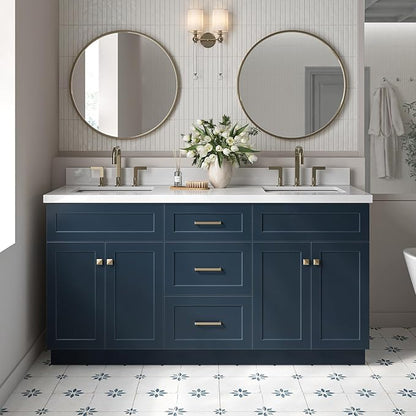 ARIEL Hamlet 66-inch Bathroom Vanity with Sink,Solid Wood, 1.5-inch Pure White Quartz Countertop, Double Rectangular Porcelain Sink, 4 Soft Closing Doors, 3 Dovetail Drawers, Midnight Blue