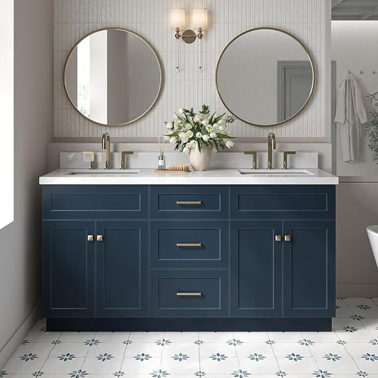 ARIEL Hamlet 66-inch Bathroom Vanity with Sink,Solid Wood, 1.5-inch Pure White Quartz Countertop, Double Rectangular Porcelain Sink, 4 Soft Closing Doors, 3 Dovetail Drawers, Midnight Blue