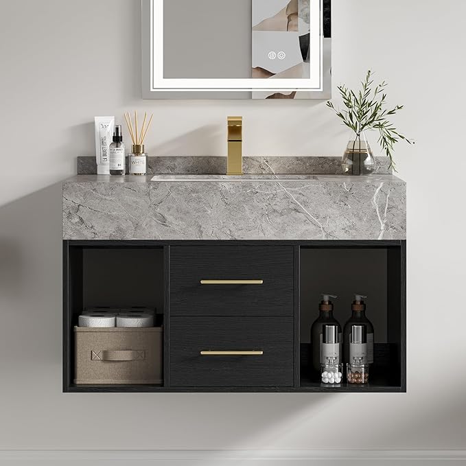 homary 35.4" Floating Bathroom Vanity with Sink, Modern Wall-Mounted Vanity Bathroom Cabinet with Sintered Stone Countertop, Undermount Sink & Black, 2 Open Storage Shelves