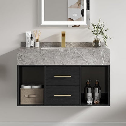 homary 35.4" Floating Bathroom Vanity with Sink, Modern Wall-Mounted Vanity Bathroom Cabinet with Sintered Stone Countertop, Undermount Sink & Black, 2 Open Storage Shelves