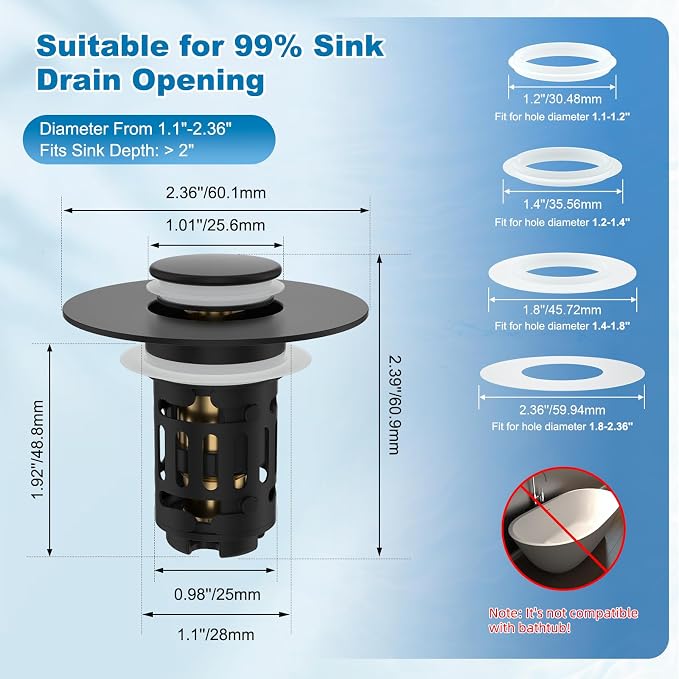 Hibbent Universal Bathroom Sink Drain Strainer, Upgraded 3 in 1 Pop Up Stopper, Removable Stainless Steel Filter Basket, Brass Bullet Core, Hair Catcher Sink Plug for 1.1''~2.36'' Hole, Matte Black