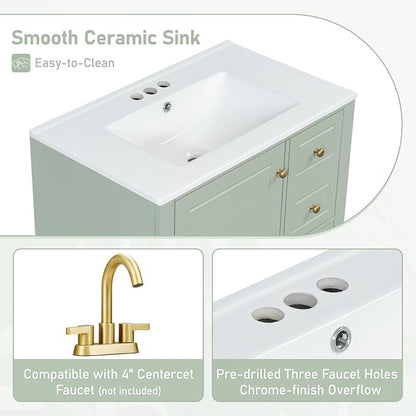 Merax 30" Bathroom Vanities Cabinet with Ceramic Sink Set Combo, Multi-Functional Storage Organizer Door Shelf, Three Drawers, Soft-Closing Door, Light Green