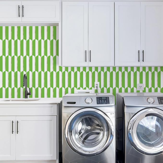 Vamos Tile Peel and Stick Backsplash Seamless Tile,Fish Scale,Matt,10-Sheet | 11.9''x10.8'',White & Grass Green PVC+Light Gold Stick on Backsplash Tile for Kitchen & Bathroom & Laundry & Camper