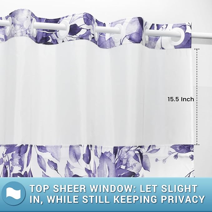 No Hook Floral Shower Curtain with Liner, Eucalyptus Purple, 71x74 | Snap in Liner, 3 in 1, Water Repellent, Easy Install, Machine Washable, Hotel Style for Bathroom, Watercolor Pattern