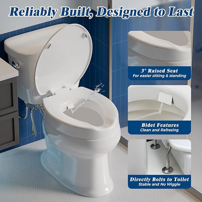 Raised Toilet Seat with Bidet Attachment,Elongated - Non-Electric Bidet with Dual Nozzles - Elevated Toilet Risers for Seniors & Limited Mobility - Easy Install & Clean