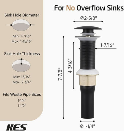 KES Bathroom Sink Drain with Strainer Basket Hair Catcher Anti Clog Pop Up Drain Stopper Vanity Vessel Sink Without Overflow, Matte Black S2013D-BK