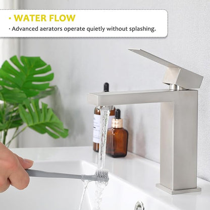 SHACO Single Hole Brushed Nickel Bathroom Faucet, Single Handle Vanity Sink Faucet with Pop Up Drain and Supply Line, SC-YZLT002