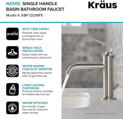 KRAUS Ramus Single Handle Bathroom Sink Faucet with Lift Rod Drain in Spot Free Stainless Steel, KBF-1221SFS-2PK