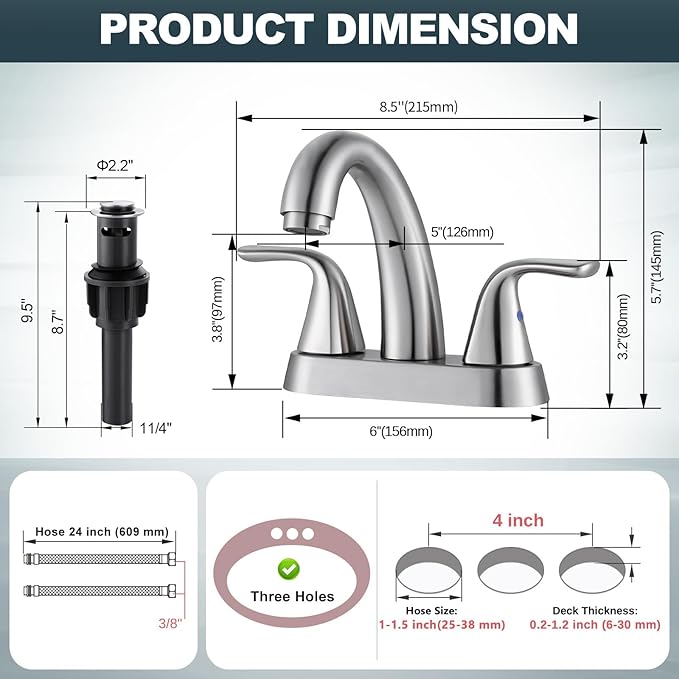Brushed Nickel Centerset Bathroom Faucet: ALEASHA 4 Inch Centerset Bathroom Faucet, 2-Handle Vanity Sink Faucet with Pop Up Drain Stopper, RV Lavatory Faucets for Washroom Sink