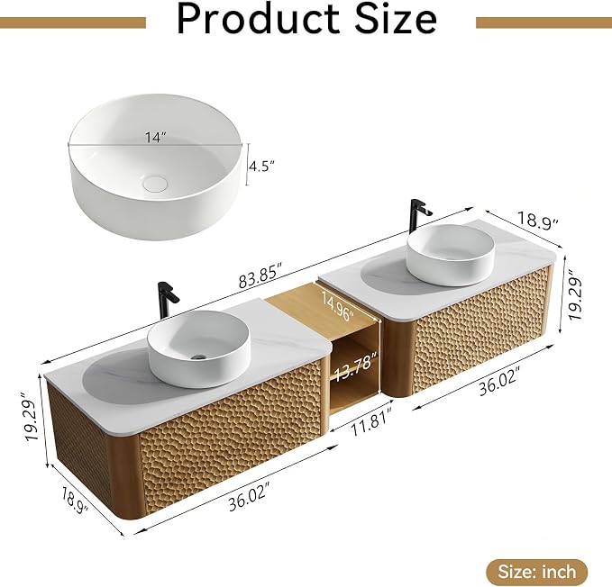 84 Inch Double Vanity with Sink Set, Floating Bathroom Sink Cabinet with Sintered Stone Top&Solid Wood Hammered Frame, Double Bathroom Vanities w/Soft-Close Drawers&1 Side Open Cube