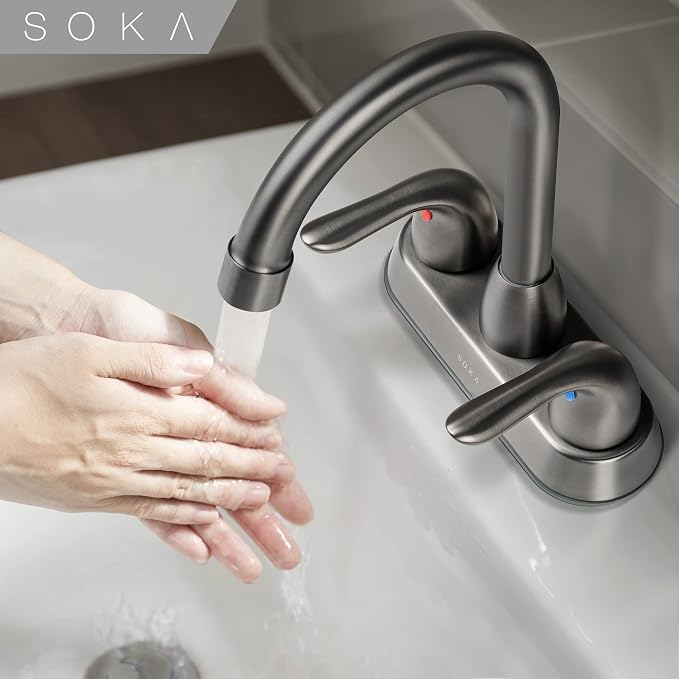 SOKA Two Handles Centerset Bathroom Faucet for Sink High Arc Stainless Steel with Deck Plate & Pop-Up Drain Assembly Fit 3 Hole Installation, Metallic Grey