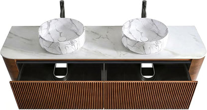 72" Preassembled Double Floating Bathroom Vanity with Carrara Sink, Walnut | Mid-Century Modern Style, Fluted & Soft-Close Drawer with U-shaped Wall, Sinterted Stone Countertop, Towel Rack Included