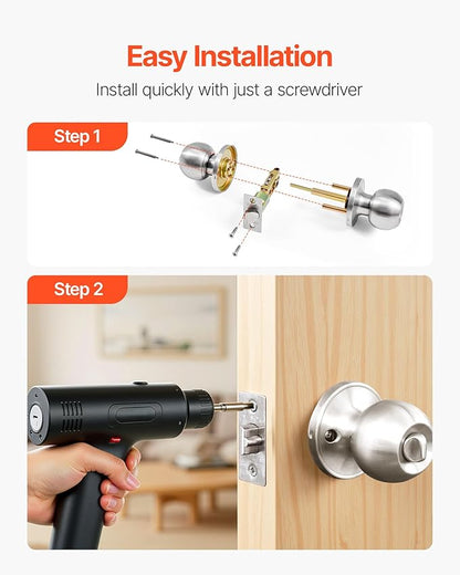 VEVOR Keyed Entry Door Knob, Satin Nickel Door Knob with Round Ball, Keyed Exterior & Thumb Turn Lock Interior, All Metal Doorknobs Hardware with Lock and Keys, Modern Design for Bedroom & Bathroom