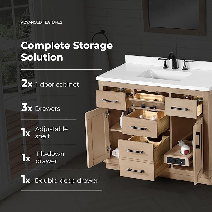 OVE Decors Bailey 42 in. Single Sink Freestanding Sahara Birch Bathroom Vanity with White Quartz Top, Matching Backsplash and Power Bar