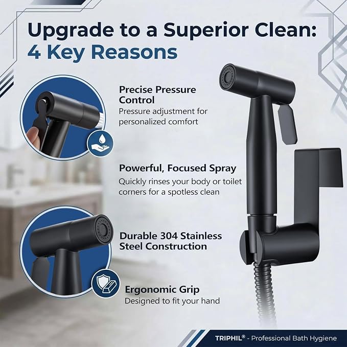 TRIPHIL Handheld Bidet Sprayer for Toilet, Adjustable Water Pressure Jet Bidet Attachment with Leak-Proof 304 Stainless Steel T-valve for Bathroom Cleaning, Cloth Diaper/Feminine Wash, Matte Black