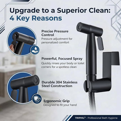 TRIPHIL Handheld Bidet Sprayer for Toilet, Adjustable Water Pressure Jet Bidet Attachment with Leak-Proof 304 Stainless Steel T-valve for Bathroom Cleaning, Cloth Diaper/Feminine Wash, Matte Black