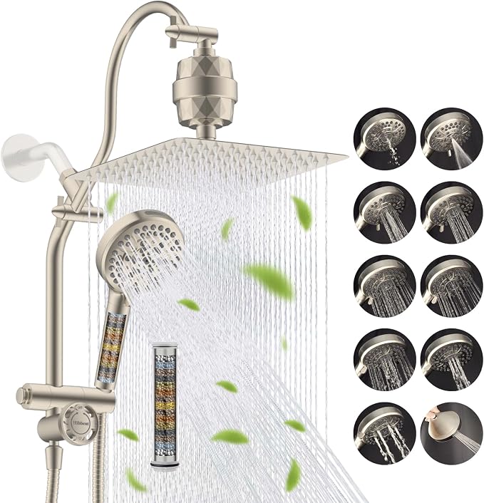 Hibbent 10" Dual Filtered 10" Rainfall Shower Head with Handheld 10-Spray | High Pressure Metal Brushed Nickel Showerhead Combo with Filter, Extension Arm with 4-way Diverter, 71'' Hose & Holder