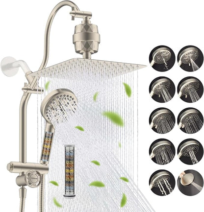 Hibbent 10" Dual Filtered 10" Rainfall Shower Head with Handheld 10-Spray | High Pressure Metal Brushed Nickel Showerhead Combo with Filter, Extension Arm with 4-way Diverter, 71'' Hose & Holder
