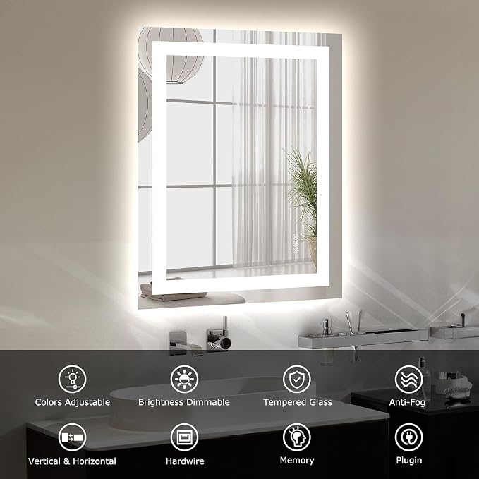Hivone 24"X32" LED Bathroom Mirror with Lights, Anti-Fog, Dimmable, Backlit + Front Lit, Smart Bathroom Vanity Mirror, Memory Function, Shatterproof, Tempered Glass (Horizontal/Vertical)