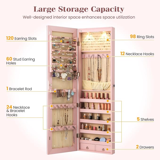 NAFORT 2 LEDs Jewelry Armoire with Full Length Mirror, Lockable Hanging Jewelry Organizer Cabinet with Categorical Storage, Wall or Door Mounted Jewelry Box with 2 Drawers for Cosmetic, Light Pink